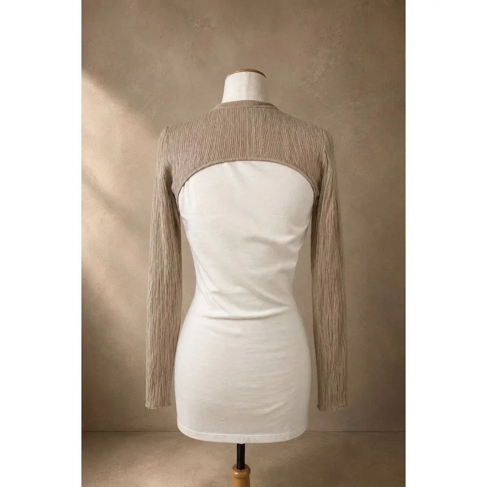 H&M Sz XS Textured Shrug Sleeve Bodycon Mini Dress Beige Cream Stretch